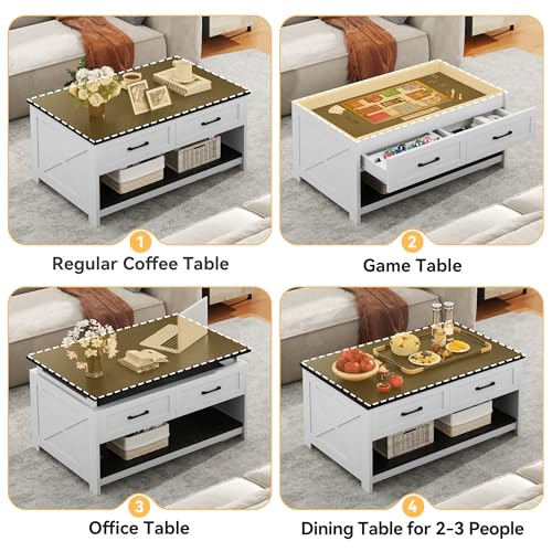 DWVO Farmhouse Living Room Coffee Table: 3-in-1 Game & Puzzle Table with Play Mat, 4 Drawers, Power Outlet, Removable Top Black