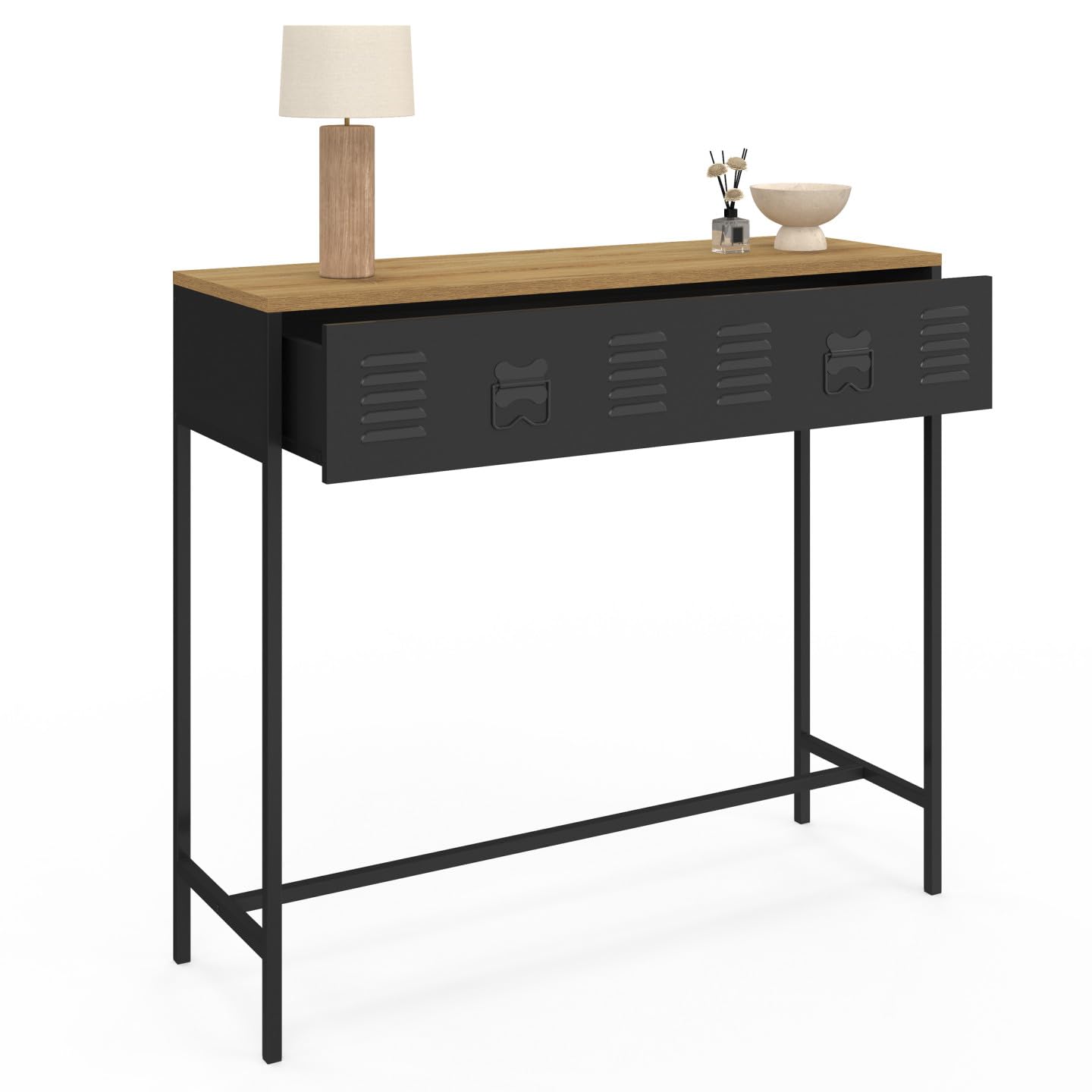IDMarket – Consola 1 cajón Ester metal Negro Bandeja Madera Diseño Industrial