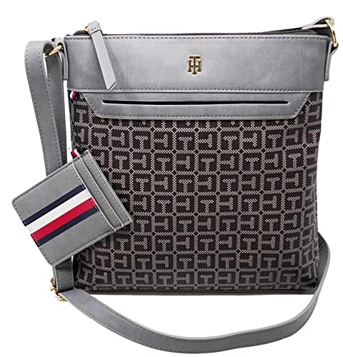 Tommy Hilfiger Women's Gray Logo Printed Coated Canvas Medium Crossbody Handbag Purse + Card Case