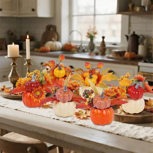 Image of winemana Fall Decorations for Home, Set of 6 Artificial Pumpkins | with Maple & Flowers, Thanksgiving Table Decor, Pumpkin Vases Centerpiece, For Kitchen Office Indoor