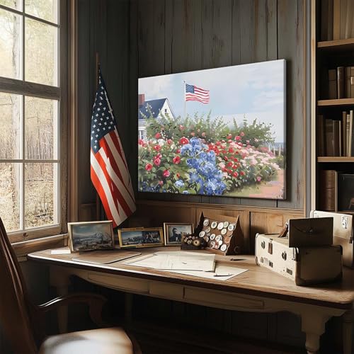 Image of Independence Day Canvas Wall Art, USA Garden with Flag Roses in Bloom Print, Memorial Day and Summer Porch Floral Print Poster Framed Oil Painting for Country Porch or Living Room 20x24inch