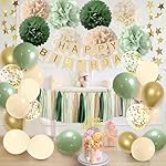 Sage Green Birthday Party Decorations with Banner, Tissue Tassels, Paper Pompoms, Balloons, Star Garland, Cake Topper - Image 5