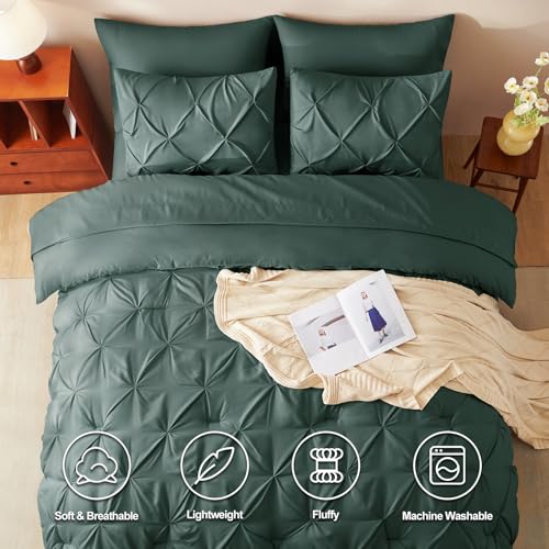 CozyLux Queen Comforter Set Forest Green, 7 Pieces Pintuck Bed in A Bag, Premium Green Comforter Queen Size, Pinch Pleat Bedding Sets with Comforter, Sheets, Pillowcases & Shams