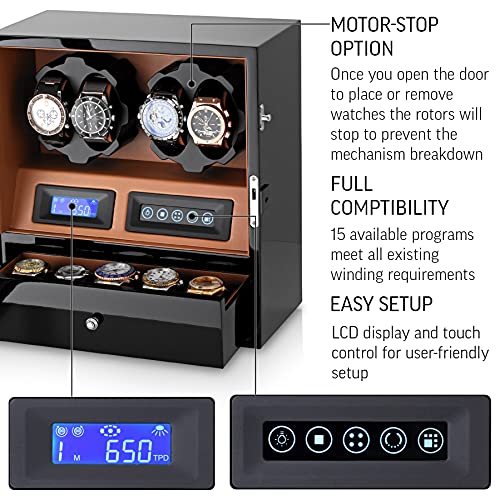 Image of 4 Watch Winder with 5 Watch Storage Space, LCD Display, Touch Control and Interior Light