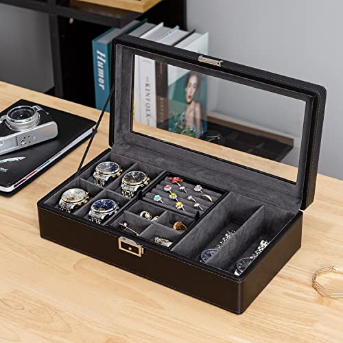 House of Quirk Watch, Jewelry Box Organizer Storage Chests Trays Lockable Travel Case for Women Girls – Carbonfiber Black
