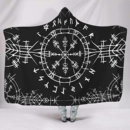 Viking Vegvisir Hooded Blanket Super Soft Warm Norse Compass Rune Throw Blanket Plush Fleece Blanket Wearable Blanket Hoodie Blanket For Adult Kids (Color : A, Size : 80X60In/150X200Cm) #TOP6