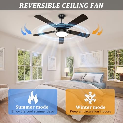 Ohniyou 52 Outdoor Ceiling Fan with Light and Remote - Modern Black for Patio, Living Room, Bedroom, Dining Room, Kitchen