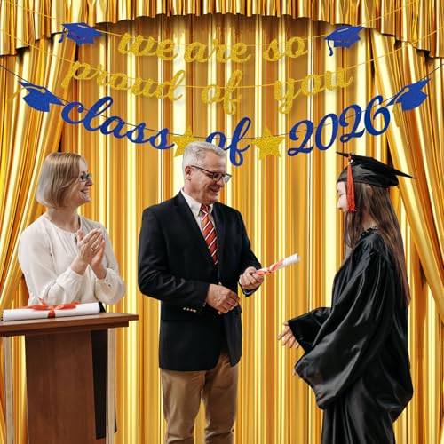 Image of Graduation Banner 2026, Gold Glitter-We Are So Proud of You Graduation Party Decorations Congratulations Banner Blue and Gold Class of 2026 Congratulations Decorations