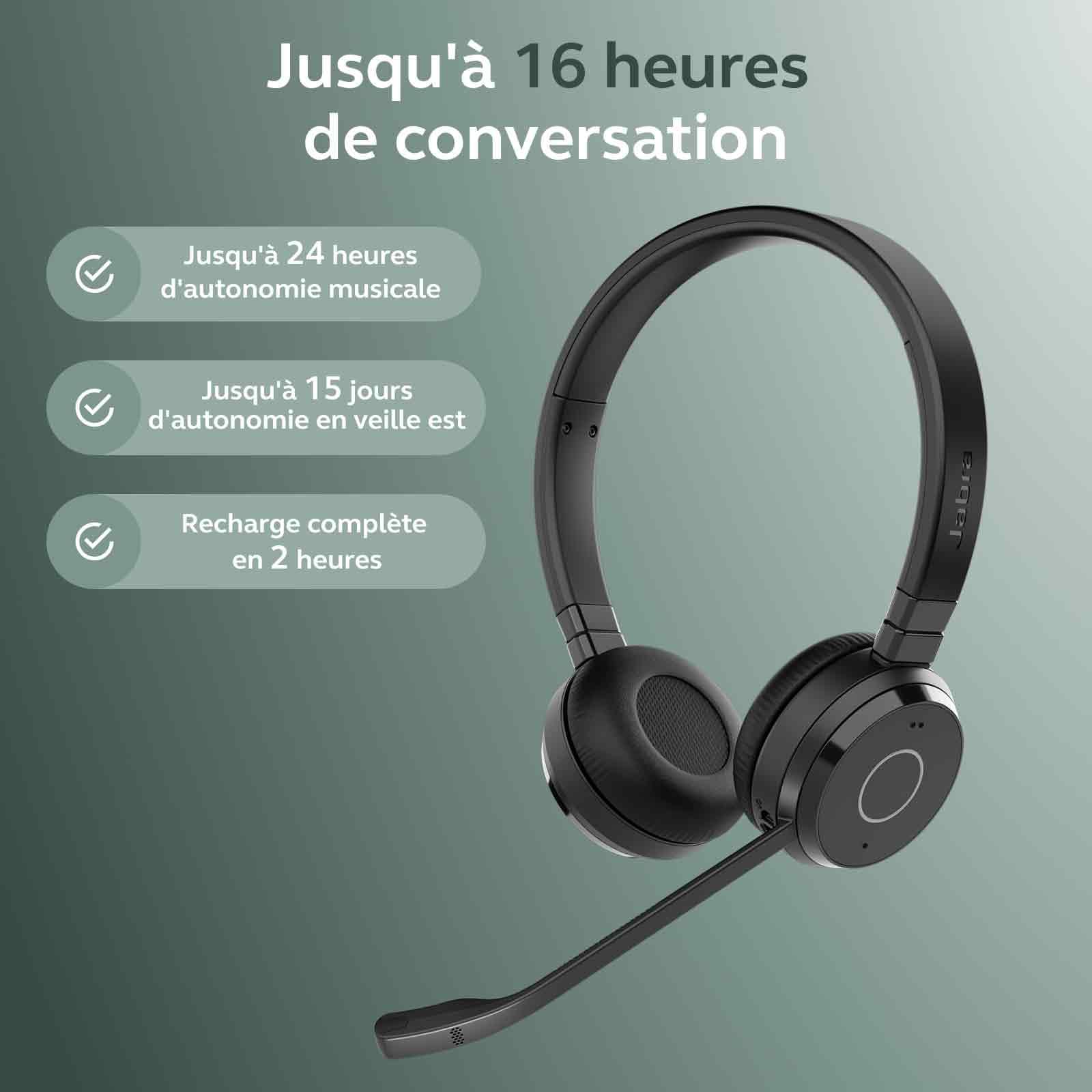 Jabra Evolve 65 TE Casque Stéréo Bluetooth Sans Fil (3e Édition 2025), Micro Antibruit, Connexion Double Appareil, Batterie 16h, Adaptateur USB-A, Certifié MS Teams, Compatible Multi-Plateformes, Noir