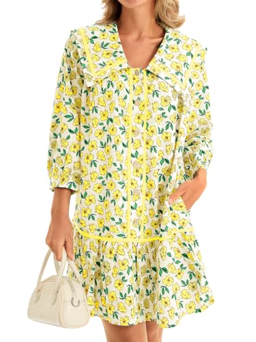 Image of Wenrine Womens Casual Shirt Dresses 3 /4 Long Sleeve Floral Button Down Flowy Babydoll Fall Mini Dress