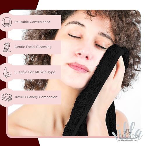 Image of Villa Celestia Black Makeup Remover Towels Set of 4, 100% Soft Cotton Reusable Luxury 4 Pcs Makeup Wipes for Face, Ideal for Salon, Bath, Hotel, Spa, Washcloths for Face Pack of 4 (12 inchX12 inch)
