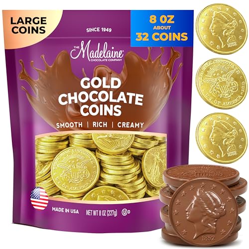 St. Patrick’s Day Gold Chocolate Coins - 32 Large Milk Chocolate Gold Coins - Individually Wrapped St Patrick’s Day Candy Basket Fillers - Holiday Chocolate Candy Treats & Party Favors