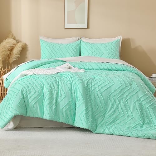 Image of Andency Mint Green Comforter Set Full Size, Boho Soft Warm Tufted Neutral Bedding Comforter Sets for Full Bed, 3 Pieces Aesthetic Chevron Cute Bohemian Textured Bedding Set