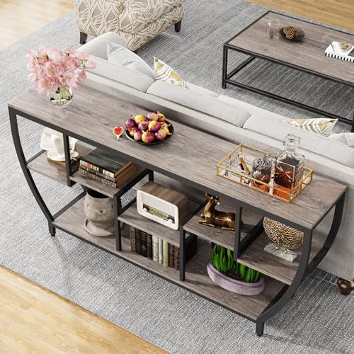 Image of Tribesigns 70.9 Inch Long Sofa Table with Shelves, Rustic Console Table with Storage, Industrial Entryway Table TV Stand, Behind Couch Table Accent Tables for Living Room, Hallway, Foyer, Grey