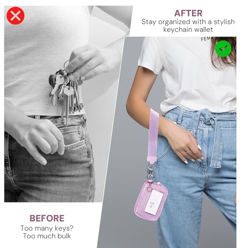 Image of Keychain Wallet for Women Mini Zip Card Holder with ID Window Coin Purse Detachable Wristlet Small Wallets Light Purple