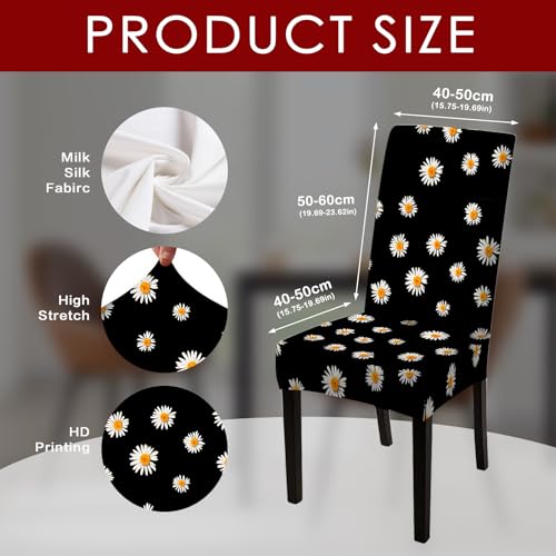 Image of Nuxovilar 4PCS White Daisy Black Background Stretch Chair Covers | Stretch Slipcover Furniture Protector Daisy Wrap Seat Guard Dining Room Kitchen Cafe House (White Daisy Pattern)
