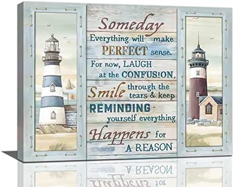 Nautical Lighthouse Wall Art Inspirational Quotes Wall Decor Coastal Theme Pictures Painting Print Motivational Framed Artwork for Bathroom Bedroom Living Room Office 12"x16"