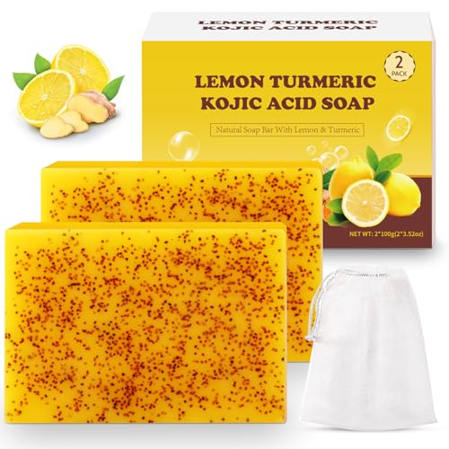 Urrznp Lemon Turmeric Kojic Acid Soap Bar Turmeric Soap Bar with Vitamin E for Dry Sensitive Skin Lemon Soap for Face Body Hands 2 Bars