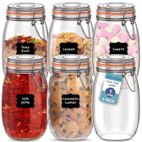 HEFTMAN Clip Top Glass Jars Set of 6-1 Litre Airtight Glass Jars with Lids & Silicone Seal for Pasta, Sourdough Starter, Chutney, Pickling, Kitchen Organisation - Empty Food Storage Jar Set (6 Pack)