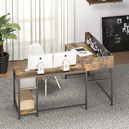 Image of NSdirect Computer Desk,55 inch Home Office Desk with Bookshelf Industrial Study Writing Table with Space Saving Design Modern Simple Style Laptop Table (Rustic Brown)