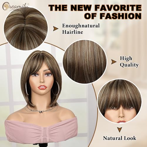 Image of Creamily Wig for Women Full Head, Short Hair Wig Brown Mix Blonde,Straight Girls Hair Wig Full Head Highlights,Natural Wigs with Bangs for Cosplay Daily Use