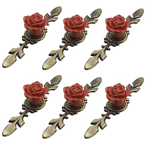 6 pomelli per porte/maniglie per cassetti/maniglie per mobili in ceramica con rose floreali vintage fatte a mano con base in ottone antico, accessori per decorazioni per la casa (Redlarge 170*40*45mm)