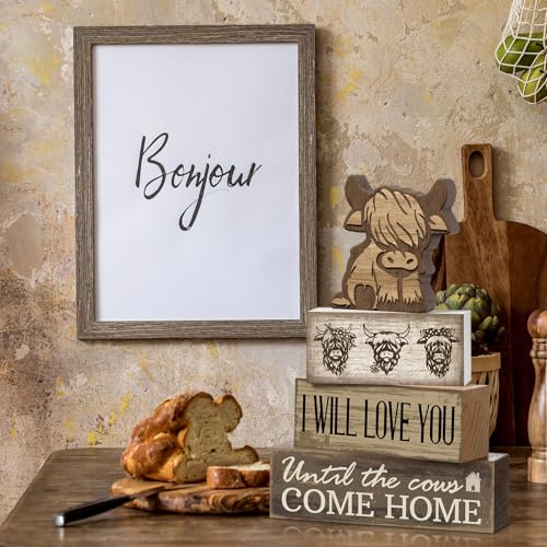 Image of Moucuny 4 Pcs Highland Cow Table Decorations Rustic Western Tiered Tray Decor Decorative Highland Cow Block Signs Western Tabletop Centerpieces Farmhouse for Home Desk Room Kitchen Shelf Decor