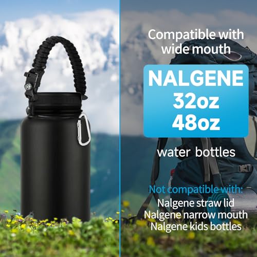 SMLBJUTE Water Bottle Handle Strap Paracord Handle Strap Cord with Carabiner Fits Wide Mouth Bottles 12oz to 64oz (1 Pack Black with Compass and Whistle)