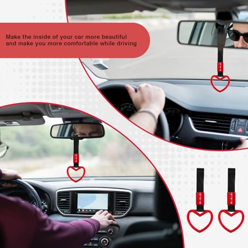 Image of 2PCS Heart Shaped Car Handle Straps, Rear Bumper Warning Keychain Ring Charm for Car Exterior Accessories (Red)