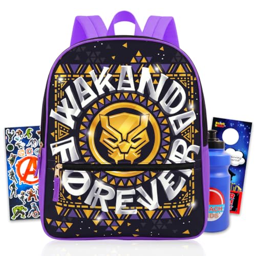 Conjunto de mochila Wakanda Forever – Pacote com bolsa Pantera Negra de 38 cm, garrafa de água, adesivos e mais | Material escolar Marvel para crianças, Marvel Mochila para meninos, Super Heroes Bag