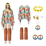 Hochwertige Materialien: 70er Jahre Damen Retro Zubehör ist auf Ihren Komfort ausgelegt; Der Hippie Umhang, das Stirnband und die Stiefelüberzüge mit Quasten Fransen bestehen aus hautfreundlichem und leichtem Stoff für mehr Komfort; Die Friedenszeichen Halskette und die Ohrringe aus zuverlässigem Metall brechen nicht so leicht und sorgen für ein angenehmes Tragegefühl.