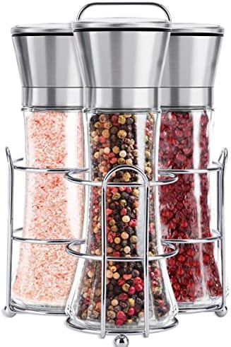 Salt and Pepper Grinder Set of 3 - Pepper Mill and Salt Mill with Adjustable Coarseness - Stainless Steel Salt Grinder With Stand - Ceramic Pepper Grinder Refillable - Glass Spice & Sea Salt Shaker