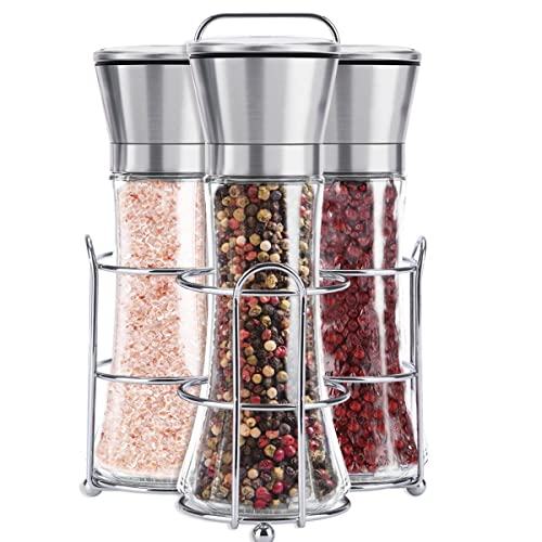 Salt And Pepper Grinder Set Of 3 - Pepper Mill And Salt Mill With Adjustable Coarseness - Stainless Steel Salt Grinder With Stand - Ceramic Pepper Grinder Refillable - Glass Spice & Sea Salt Shaker #TOP1