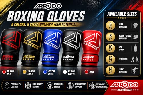 Image of APRODO Beginner Boxing Gloves for Kids & Adults - Men & Women Training, Sparring & Heavy Bag Gloves - Durable PU Leather with Wrist Support (Black /White, 12oz)