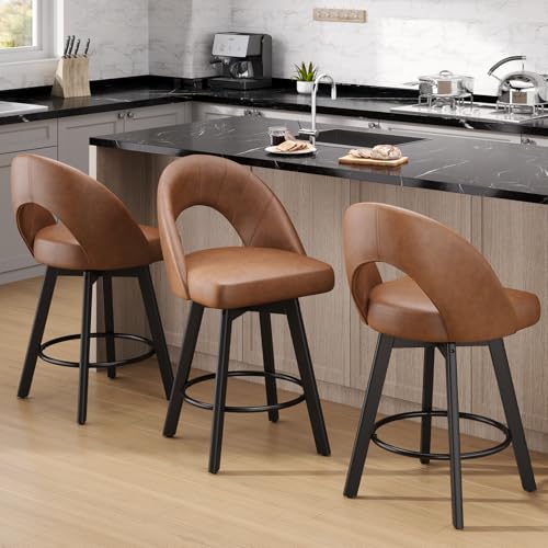 Image of YaFiti 24 inch Counter Height Bar Stools, Ergonomic Curved Back Design Swivel Bar Stools with Faux Leather Seat & Solid Wood Legs for Kitchen Island, 1 PCS, Light Tan