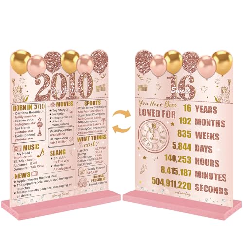 Image of Guiruiy Pink Rose Gold 16th Birthday Decorations for Girls Women, Two-Sided Vintage 16 Back in 2010 Theme Poster Wooden Table Sign with Stand, Sixteen Years Old Bday Centerpieces Holder for Table Decor