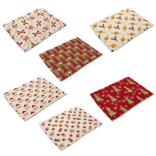 Dcaknri Juego de 6 manteles individuales rectangulares de lino y algodón, diseño de dibujos animados, árbol de Papá Noel, decoración de fiesta, transparente