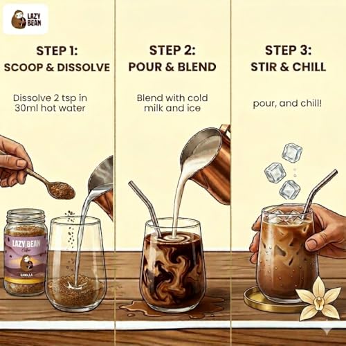 Image of Lazy Bean Vanilla Flavoured - Premium Instant Coffee Powder 50 g | Strong Black Coffee, Rich Aroma, Quick-Dissolving Granules | Ready in Seconds for Hot or Iced Brews at Home, Office, Travel