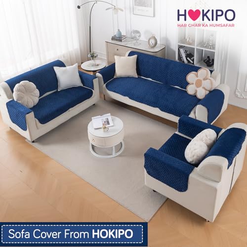 Image of HOKIPO Quilted Sofa Cover 6 Seater Set - Washable 3+2+1 Sofa Panel for Seat & Back | 'Quilt Classic' Navy Blue (IN-927+926+925 * 2-NBL)
