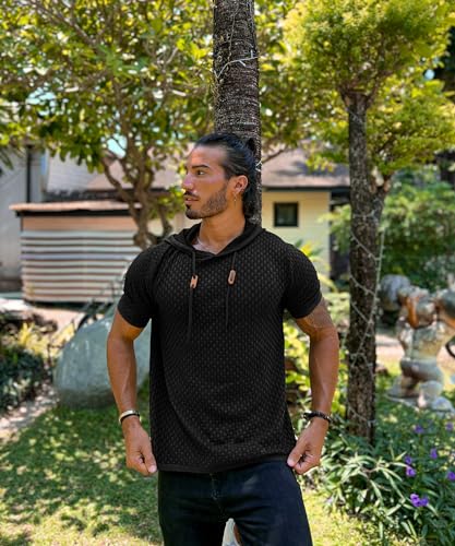 Zaitun Men's Short Sleeve Hoodie Shirt Casual Waffle Knitted Pullover Sweater2