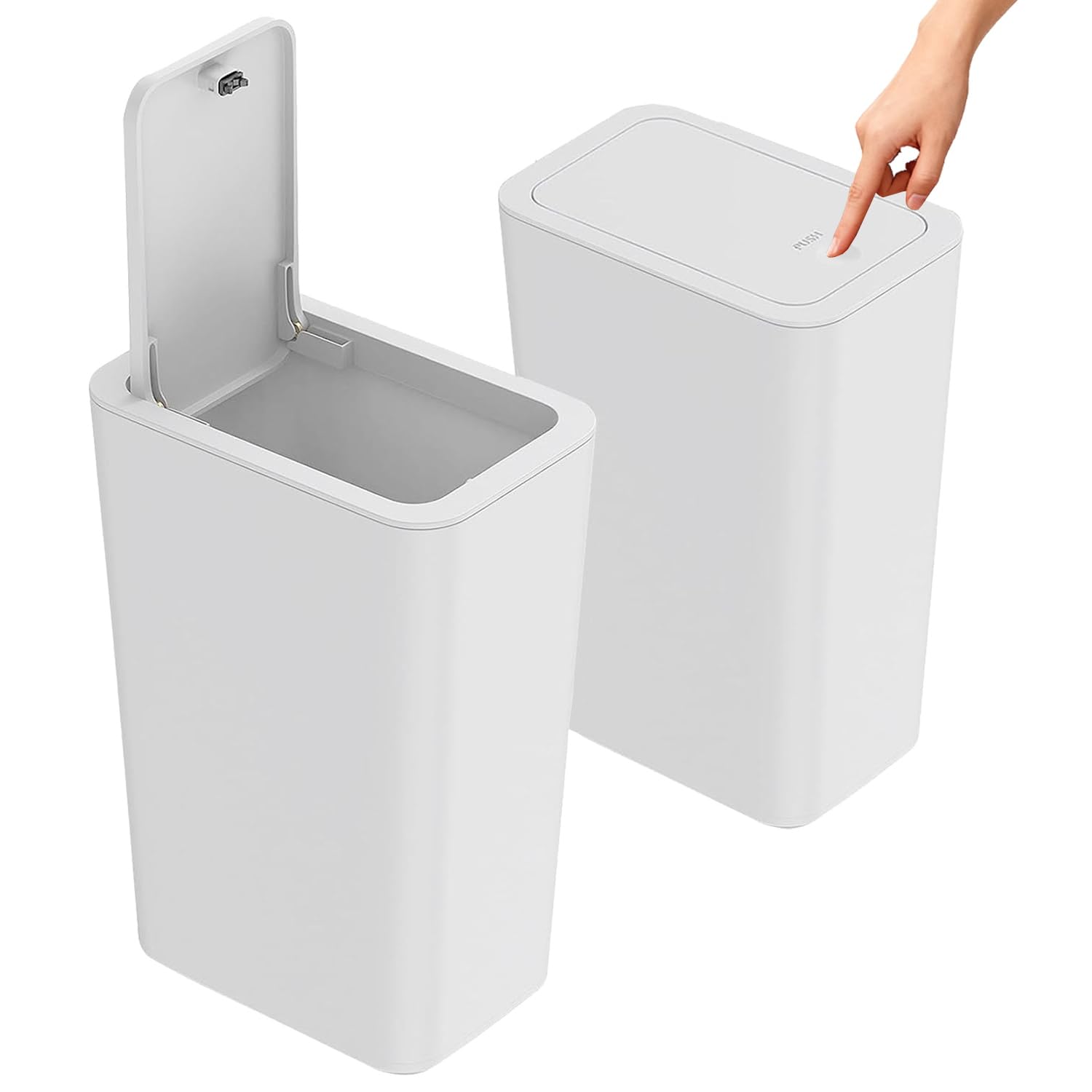 Stowetry 2 Pack Bedroom Bin,10L Plastic Bathroom Bin with Lid,Slim Push Button Thin Trash Can,Dog Proof Narrow Garbage Can for Bathroom,Bedroom,Kitchen,Office,Living Room,Toilet (White)