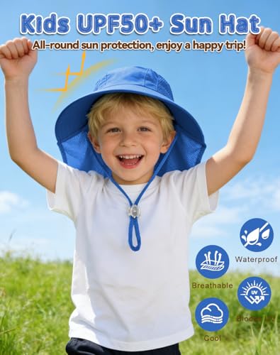 Image of Rosoz Kids Sun Hat with Neck Flap UV Protection Summer Toddler Beach Hat Unisex Ponytail Hat Wide Brim Fishing Hat