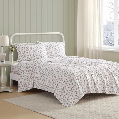 Image of Laura Ashley - Flannel Sheets Twin Size, Anti-Pilling & Wrinkle Resistant Cotton, Touchably Soft for All-Season Comfort - Bed Sheets with Matching Pillowcase & Fitted Sheet (Berry Bright Red)