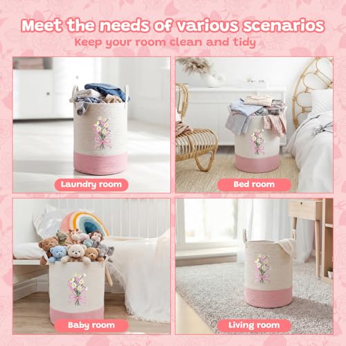 Image of Honeydak Pink Bow Cotton Rope Laundry Basket Hamper, Flower