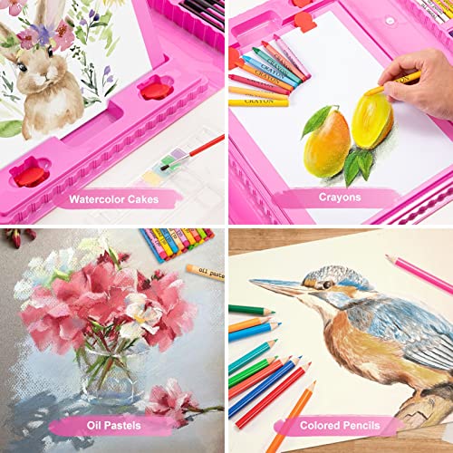 Art Supplies, 272 Pack Art Set Drawing Kit for Girls Boys Teens Artist, Deluxe Gift Art Box with Trifold Easel, Origami Paper, Coloring Book, Drawing Pad, Pastels, Crayons, Pencils, Watercolors(Pink)