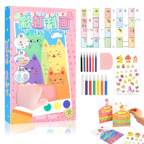 Dongcill DIY Regenbogen Kratzkunst Set,Kreatives Rainbow Scratch Painting,Regenbogen Kratzmalerei für Geburtstage, Weihnachten und Partys