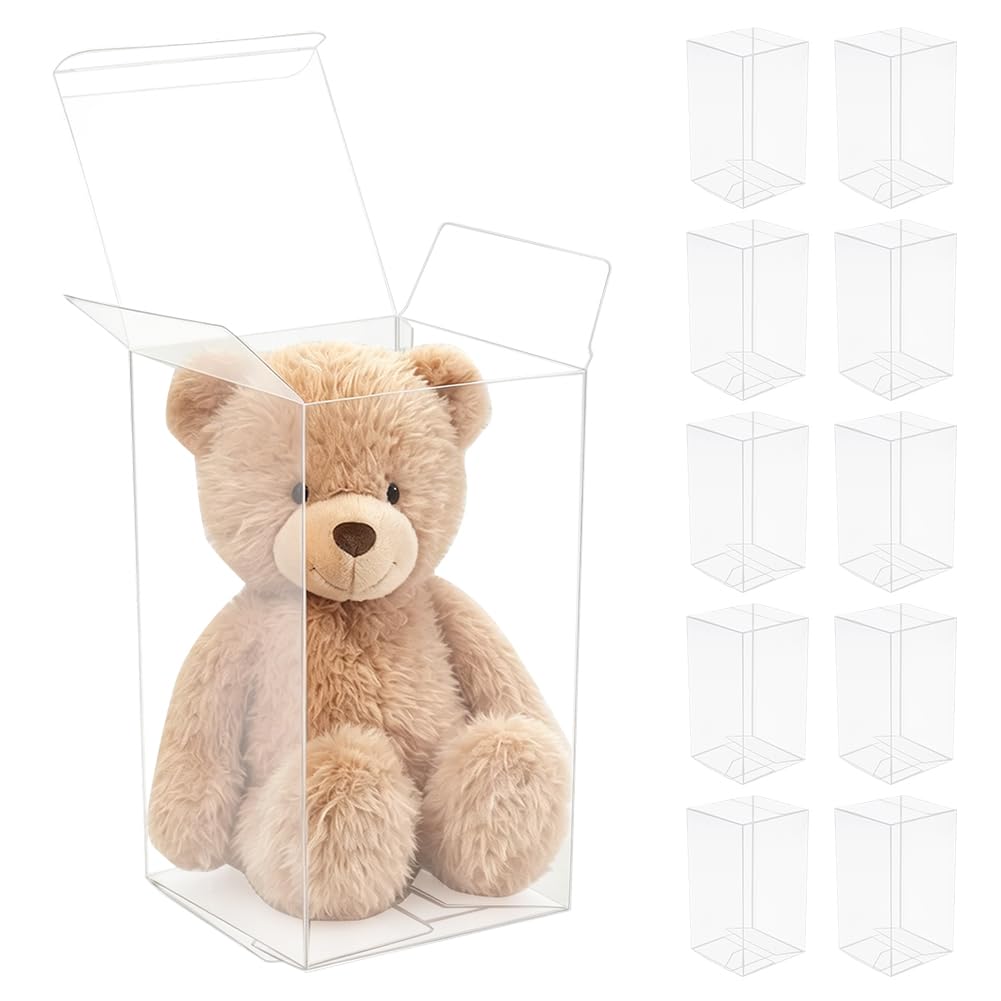 GOMAKERER 10 Pcs Folding Clear Gift Boxes, 10x10x18cm Clear Favor Boxes Plastic Gift Packaging Boxes for Wedding Birthday Baby Shower Favor