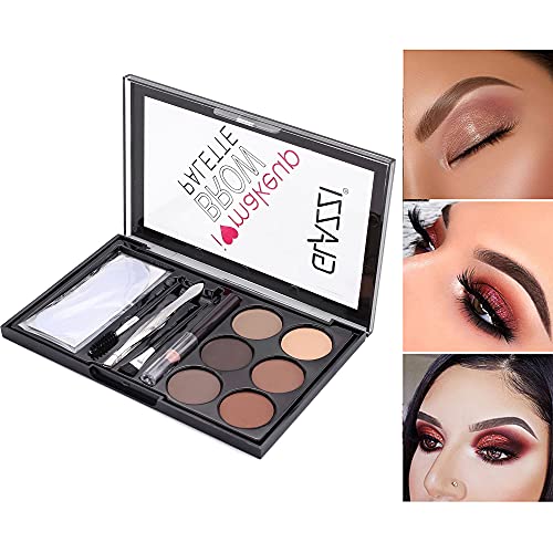 FANICEA 6 Colors Brow Contour Powder Kit Professional Natural Brown Soft Highly Pigmented Eyebrow Makeup Palette Set with Brush, Pencil, Stencils, Tweezers for Women Girls (Set-B), DQUS101029