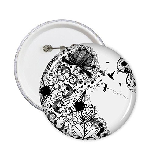 Badge rond motif illustration fleurs noir et blanc - Idée cadeau pour amateur d'art XL