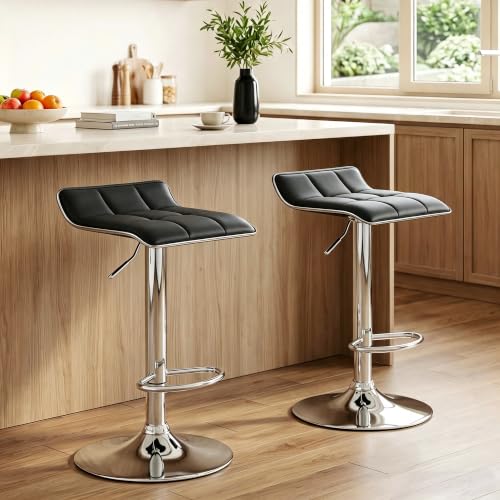 Butacos regulables giratorios NOBPEINT, set de 2, asientos de cuero sintético grueso, altura ajustable con sistema neumático y rotación de 360°, capacidad de 300 lb, para barra doméstica, isla de cocina o cafetería (Negro) miniatura 1